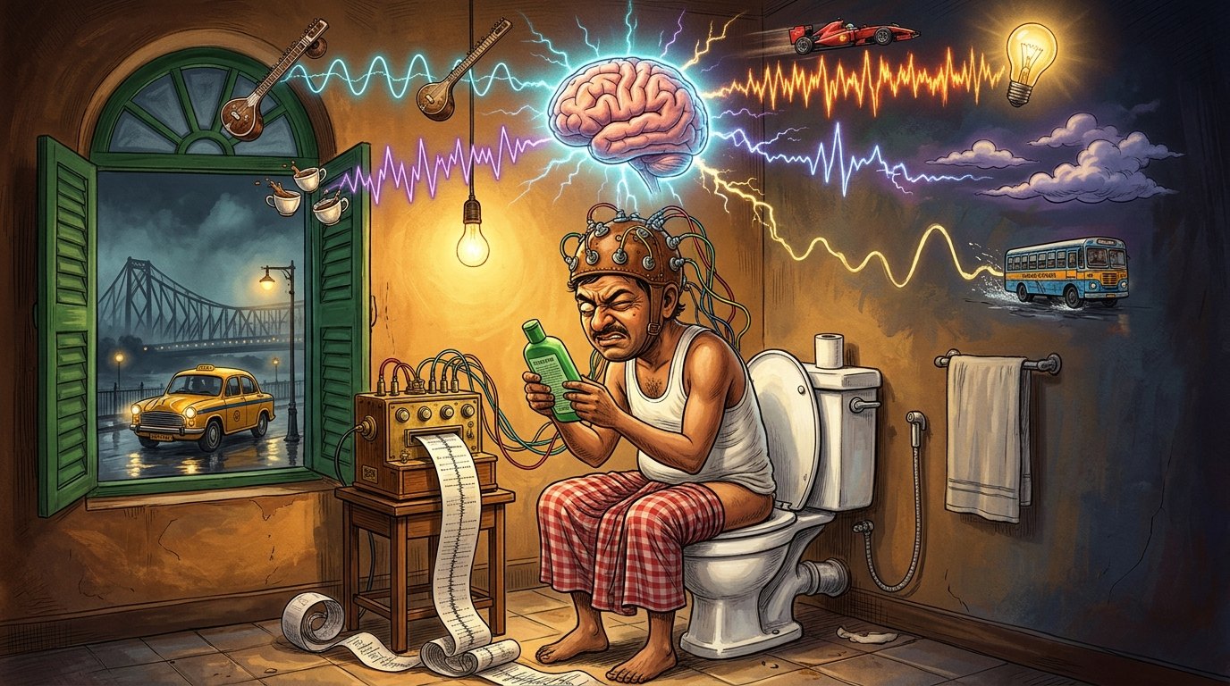 A sleep-deprived Bengali man on a Calcutta toilet squints at a shampoo bottle while wearing a vintage EEG cap, as a glowing brain overhead radiates electrical waves toward sitars, espresso cups, a Formula 1 car, clouds, and a Calcutta bus.