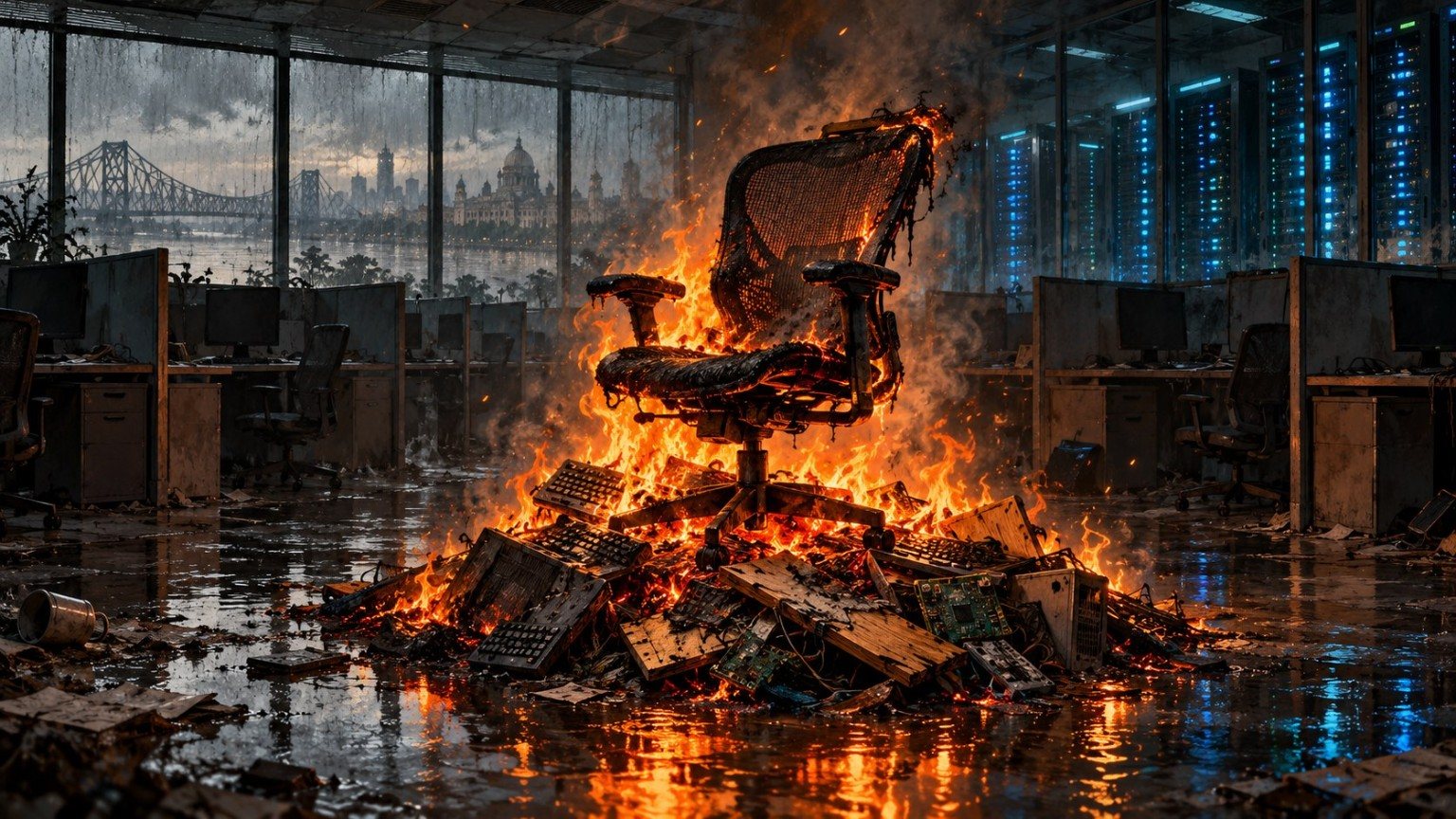 A burning office chair and discarded computers in a flooded office, with server racks and the Kolkata skyline behind them.