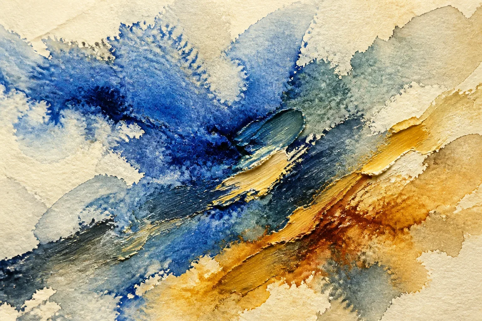 Textured blue, teal and ochre pigment washes spreading across warm paper.