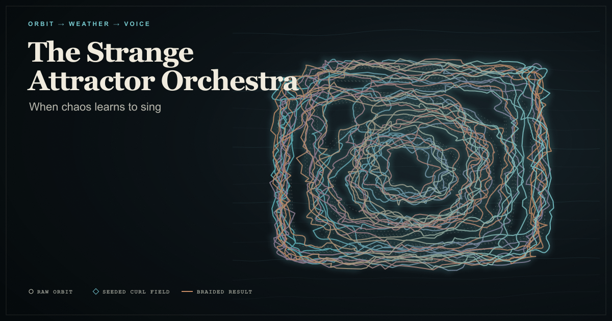 The Strange Attractor Orchestra poster, with overlapping teal, amber and violet orbital paths on a dark field.