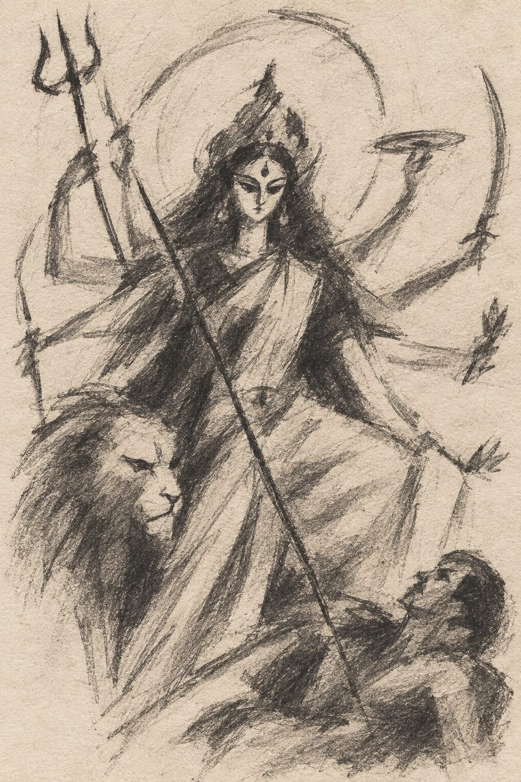 Pencil sketch of Goddess Durga holding a trident, seated above a lion